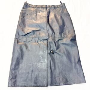 SKOGAR Navy Blue Midi Leather A-Line Skirt Below Knee Size 46